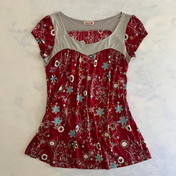 Express U Vintage Y2K Red Floral Short Sleeve Top - Picture 1 of 5